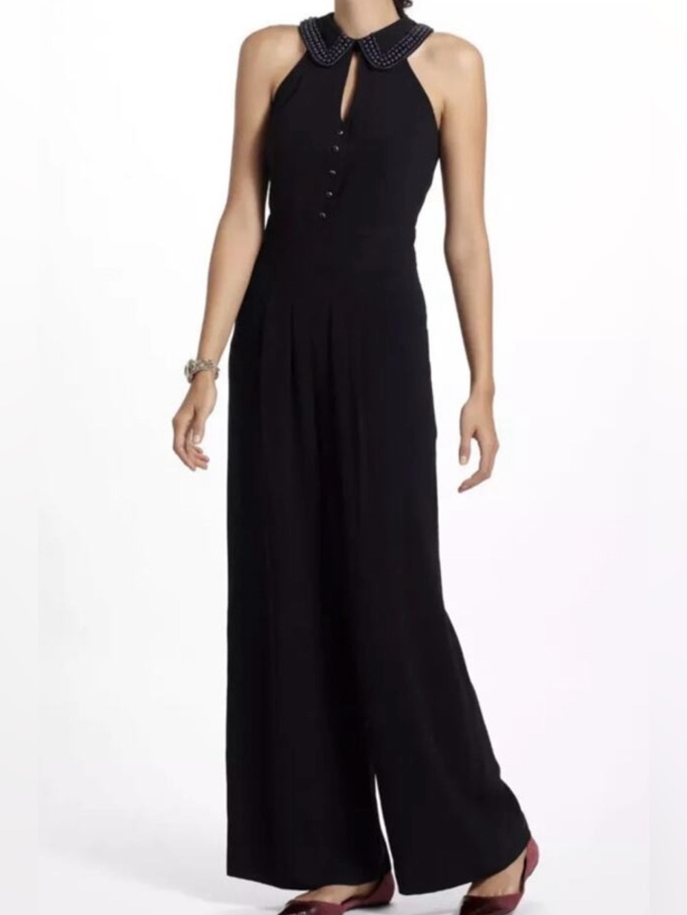 Anthropologie Elevenses Black Sleeveless Wide Leg Beaded Jumpsuit, Size 4